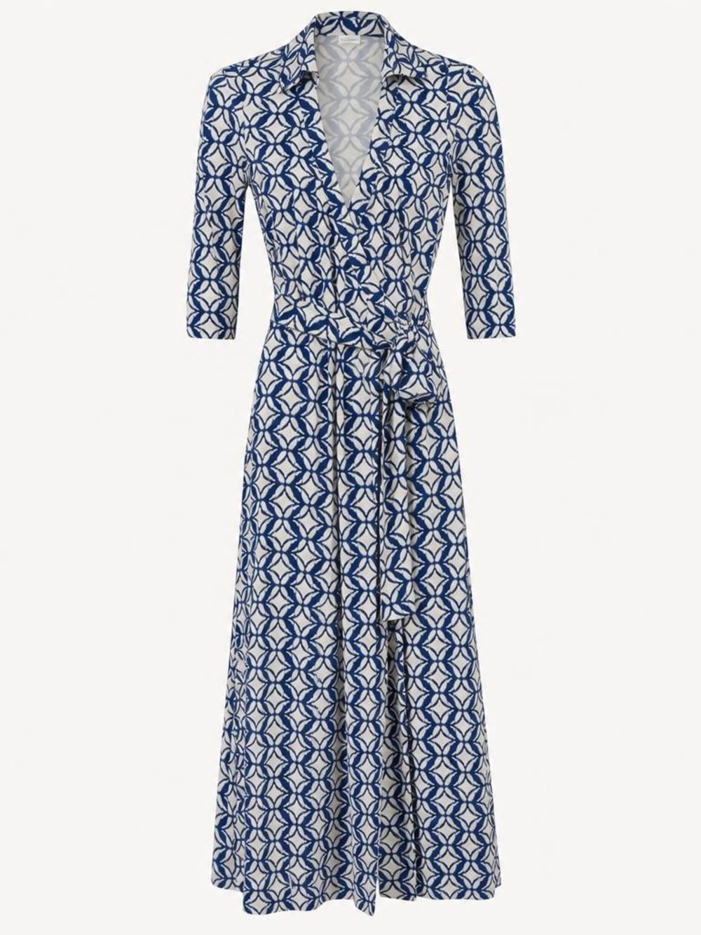 Diane Von Furstenberg Silk Knit Classic Wrap Dress Navy White Geometric Maxi